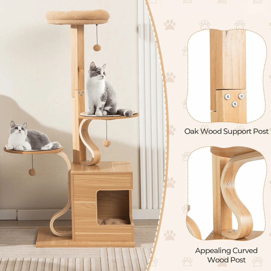 OakPurr™ Tall Solid Wood Cat Tree with Plush Perch, Condo & Multi-Level Platforms
