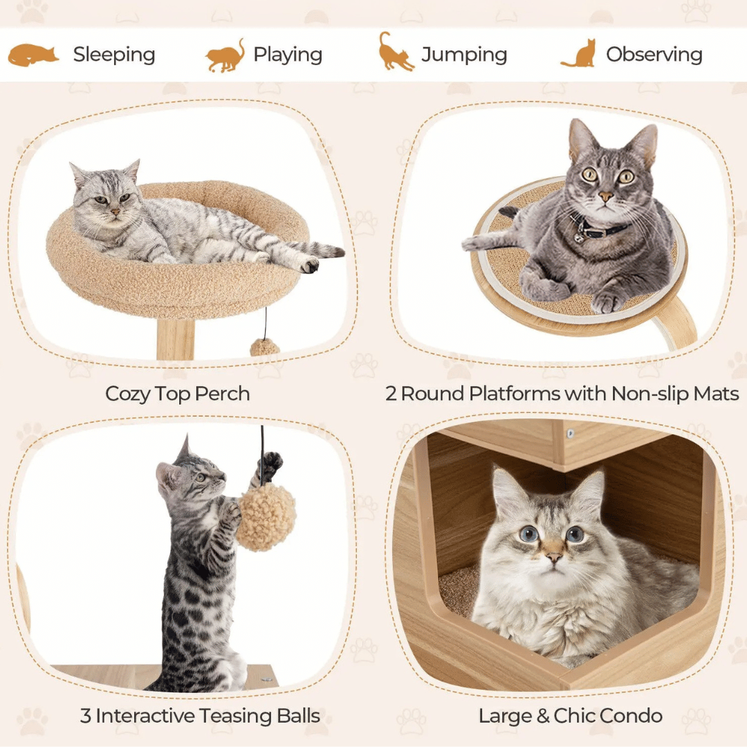 OakPurr™ Tall Solid Wood Cat Tree with Plush Perch, Condo & Multi-Level Platforms