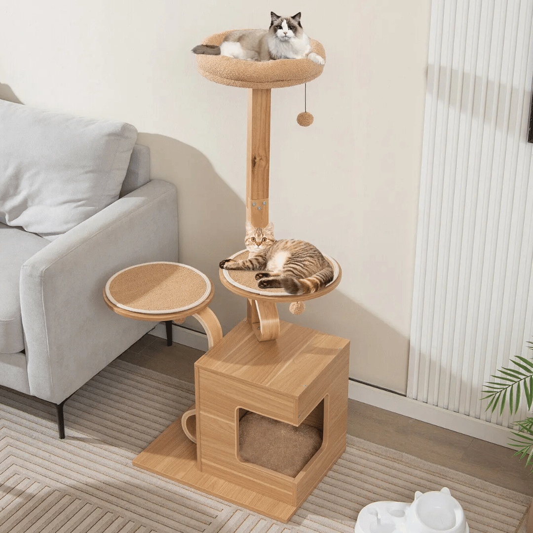 OakPurr™ Tall Solid Wood Cat Tree with Plush Perch, Condo & Multi-Level Platforms